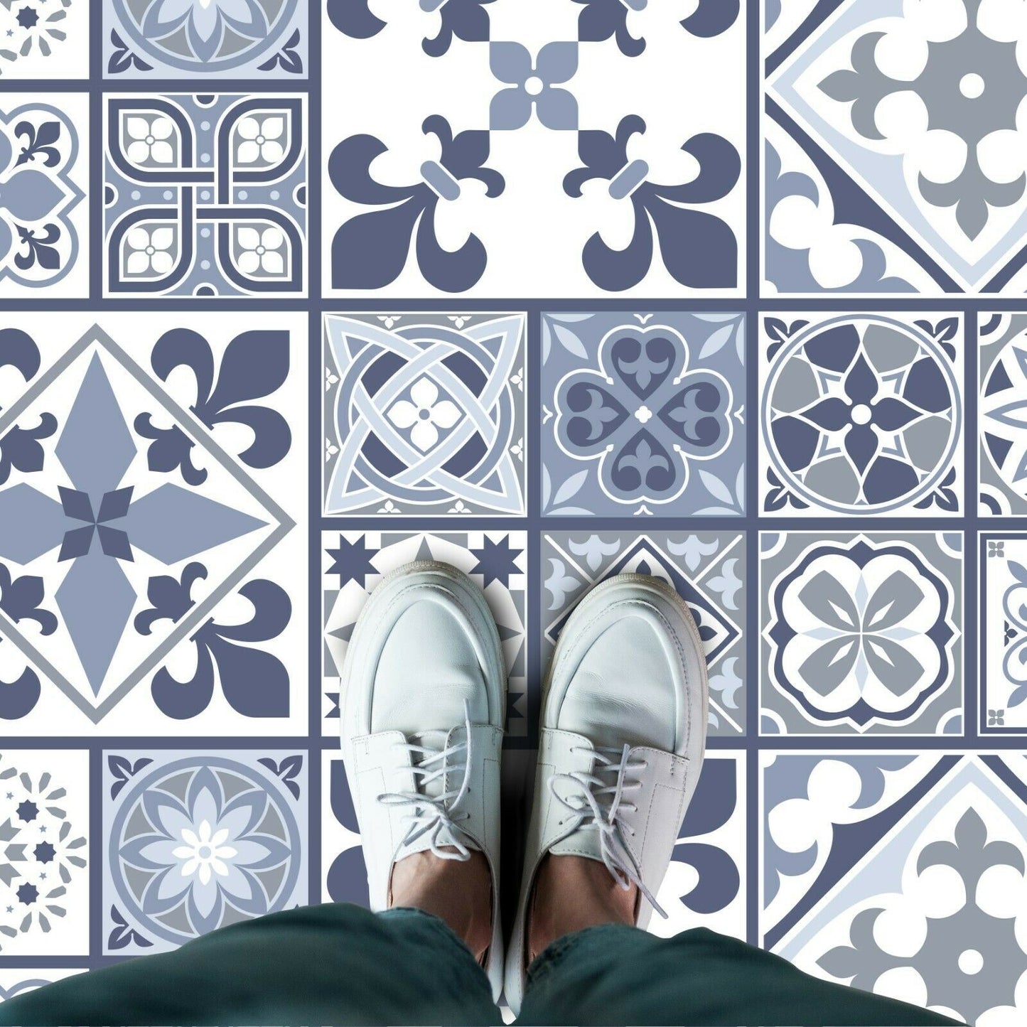 WFS6012 - Lisbon Blue Tiles Melange Floor Sticker 120cm x 60 cm