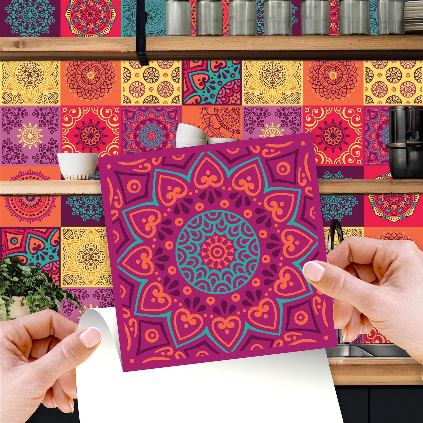 WT1509 - Colourful Mandala Tiles Wall Stickers - 15 cm x 15 cm - 24 pcs.
