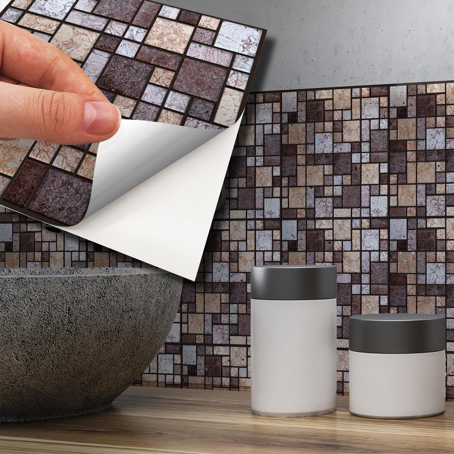 WT1588 - Brown and Beige Stone Mosaic Wall Tile Sticker Set - 15 x 15 cm (6 x 6 in) - 24 pcs