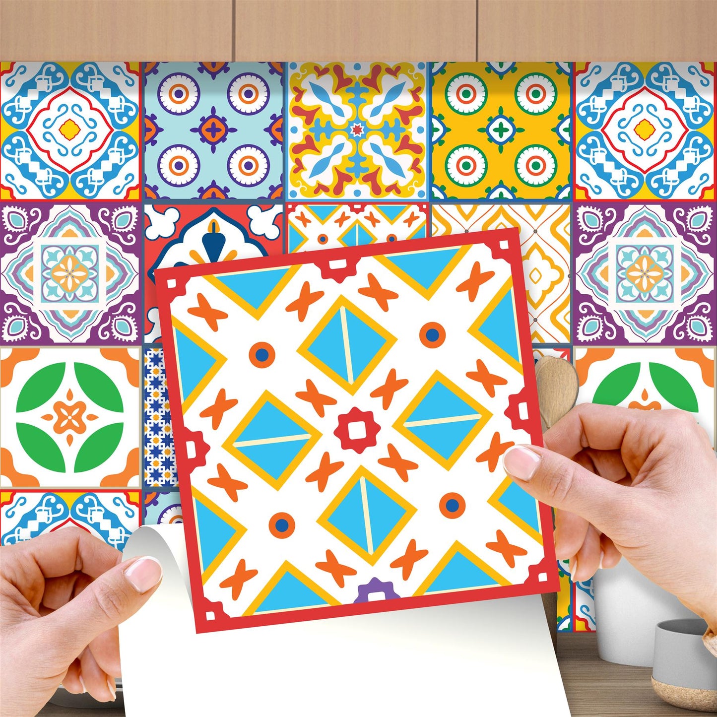 WT1536 - Classic Mediterranean Colourful Mixed Tiles Wall Stickers Set 2 - 15 x 15 cm (6 x 6 inches) - 24 pcs.