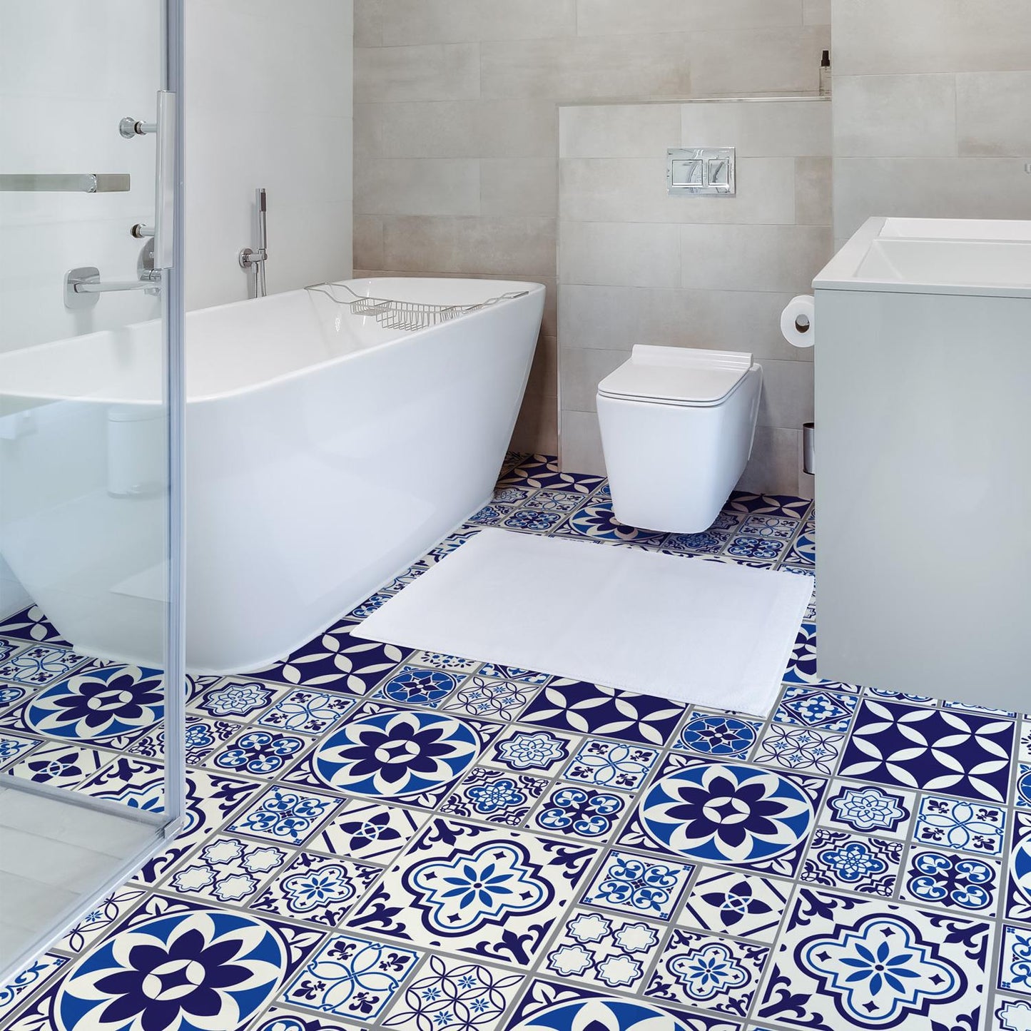 WFS6010 - Spanish and Moroccan Blue Tiles Melange Floor Sticker 120cm x 60 cm