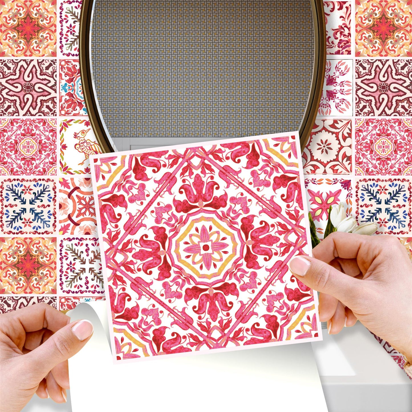 WT1518 - Moroccan Rose Red Mosaic Tile Sticker - 15 cm x 15 cm - 24 pcs