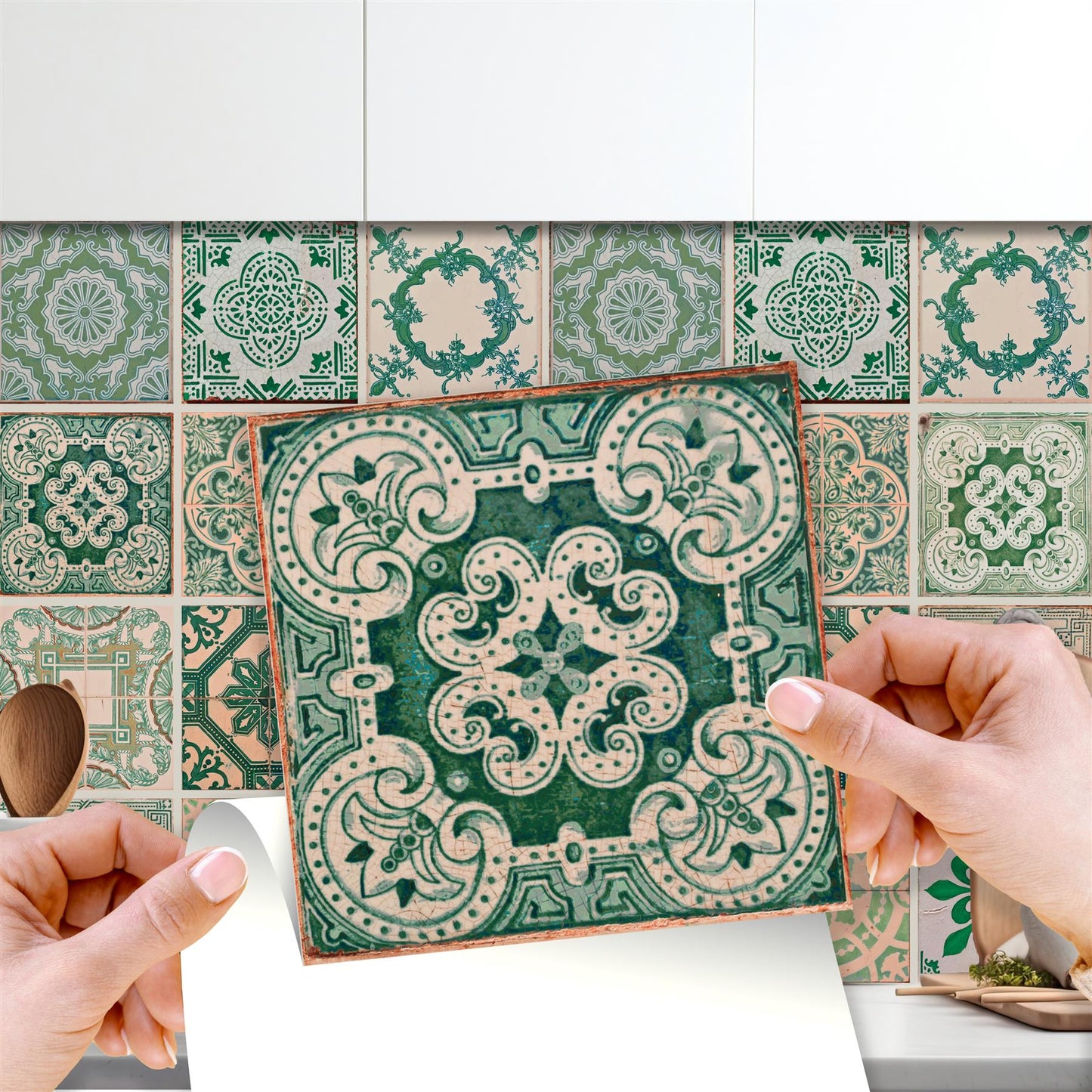 WT1585 - Vintage Green Antique Azulejo Wall Tile Sticker Set - 15 x 15 cm (6 x 6 in) - 24 pcs