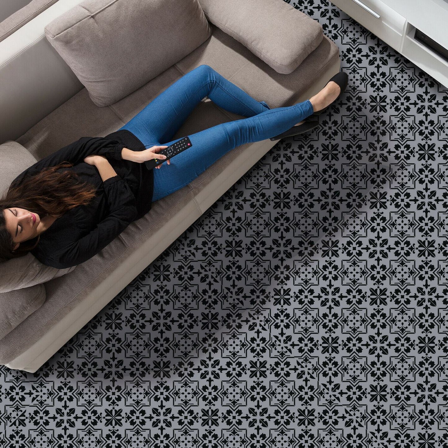 WFS6019 - Dark Cement Seamless Floral Pattern Floor Stickers 120cm x 60 cm