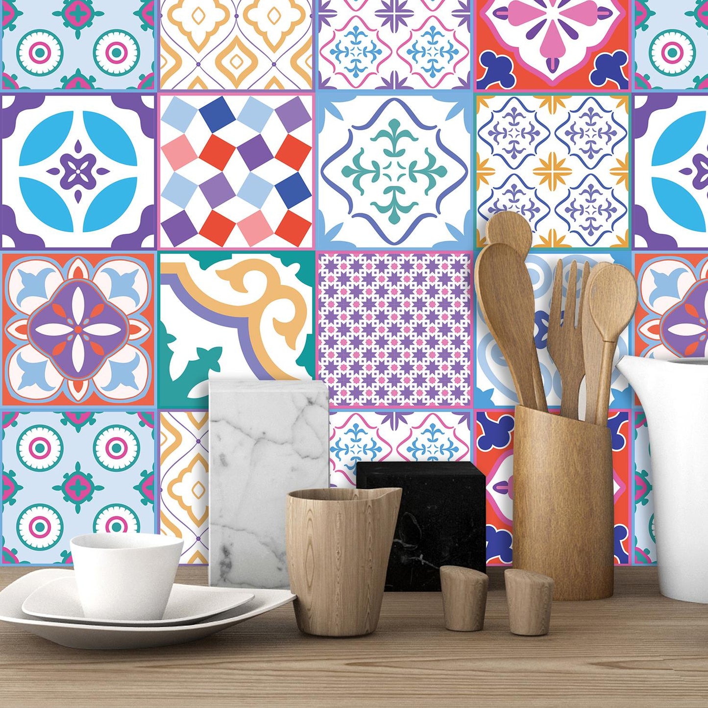 WT1537 - Classic Moroccan Colourful Mixed Tiles Wall Stickers Set 1 - 15 x 15 cm (6 x 6 inches) - 24 pcs.