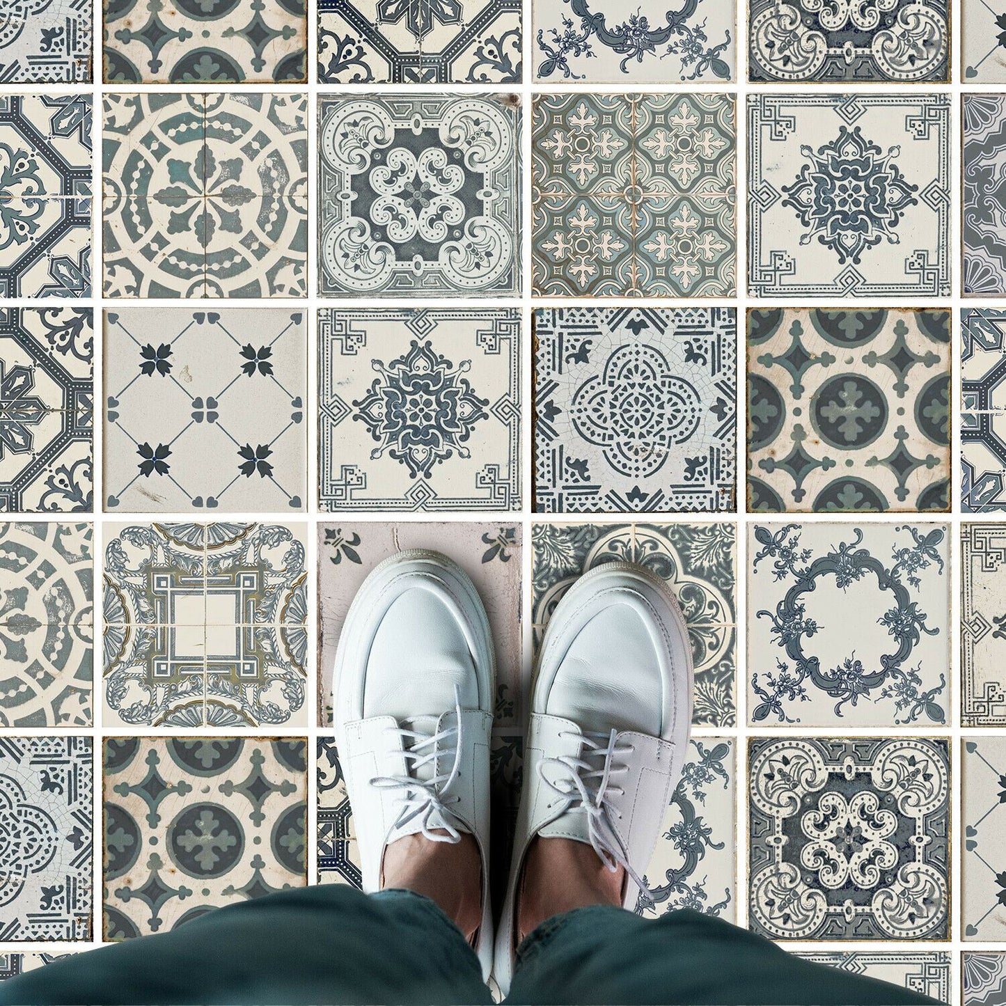 WFS6008 - Vintage Blue Azulejo Tiles Floor Sticker 120cm x 60 cm