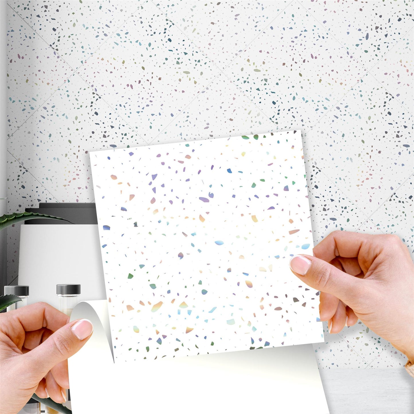 WT1604 - Terrazzo Holographic Glitter White Wall Tile Sticker Set - 15cm (6inch) - 24pcs one pack