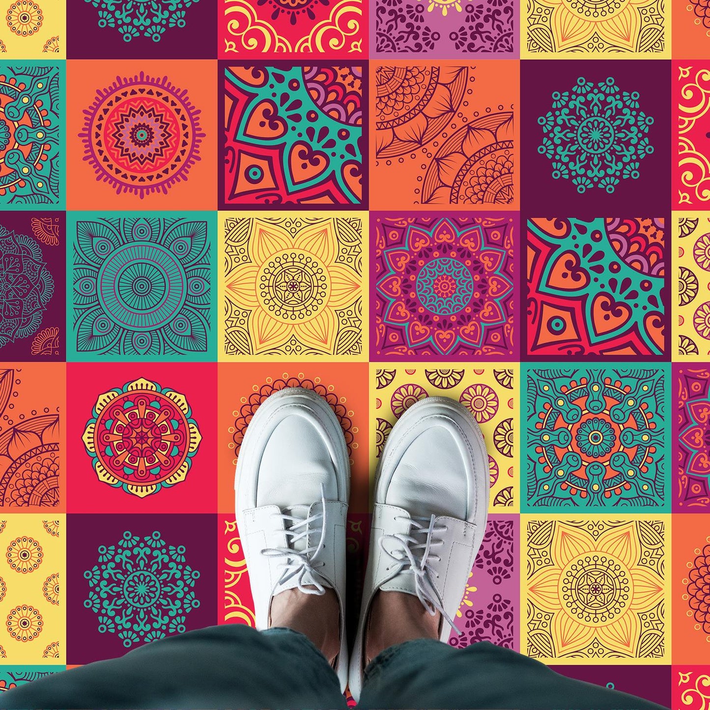 WFS6009 - Colourful Mandala Tiles Floor Sticker 120cm x 60 cm