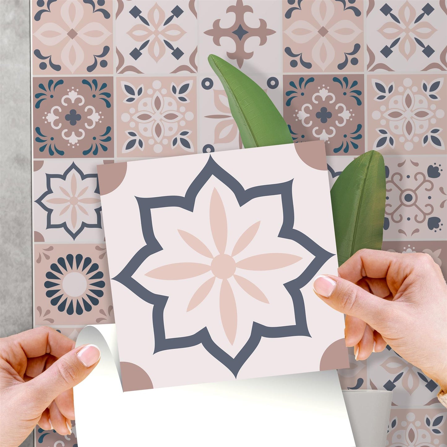 WT1562 - Menara Pink and Grey Cement Moroccan Wall Tile Sticker Set - 15 cm x 15 cm - 24 pcs