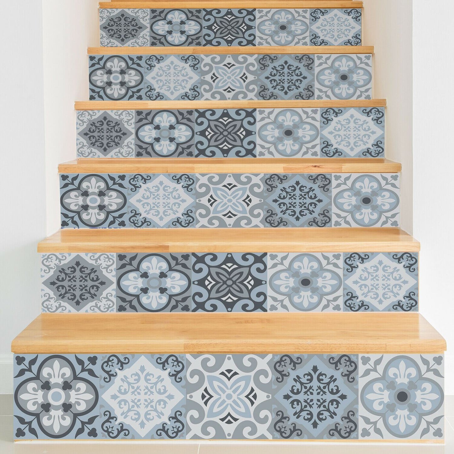 WFS031 - Light Blue Floral Tiles stairs stickers
