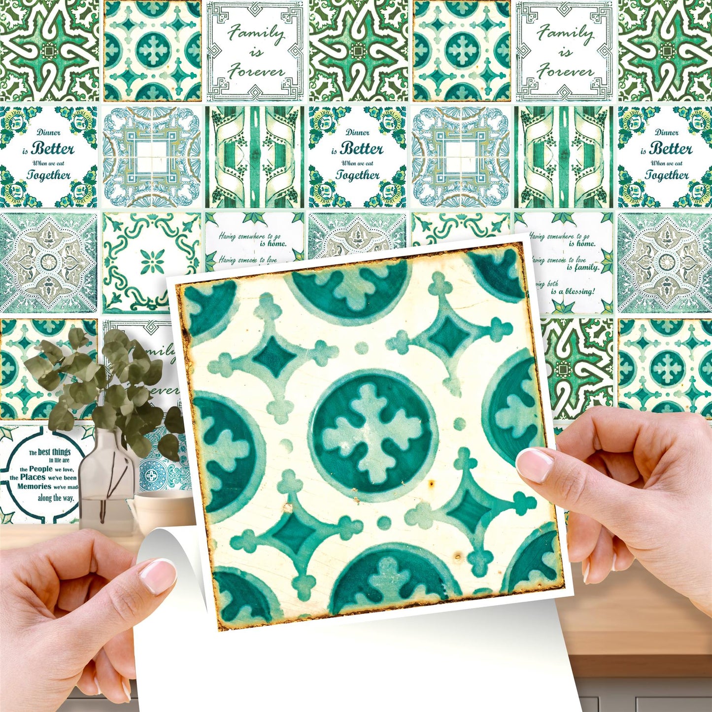 WT1515 - English Quote Vintage Green Tile Sticker - 15 cm x 15 cm - 24 pcs
