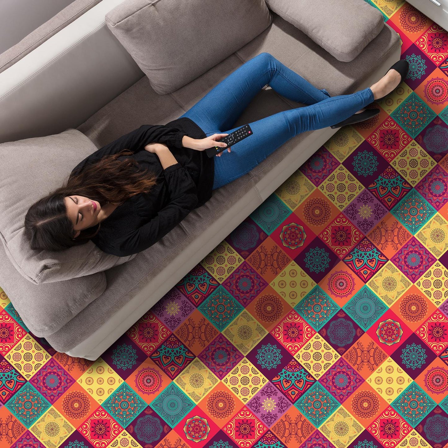 WFS6009 - Colourful Mandala Tiles Floor Sticker 120cm x 60 cm