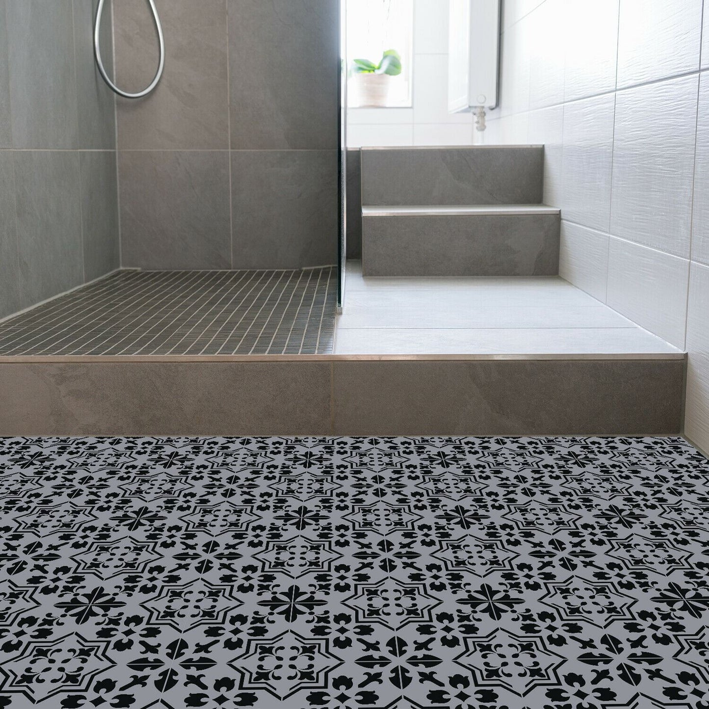 WFS6019 - Dark Cement Seamless Floral Pattern Floor Stickers 120cm x 60 cm