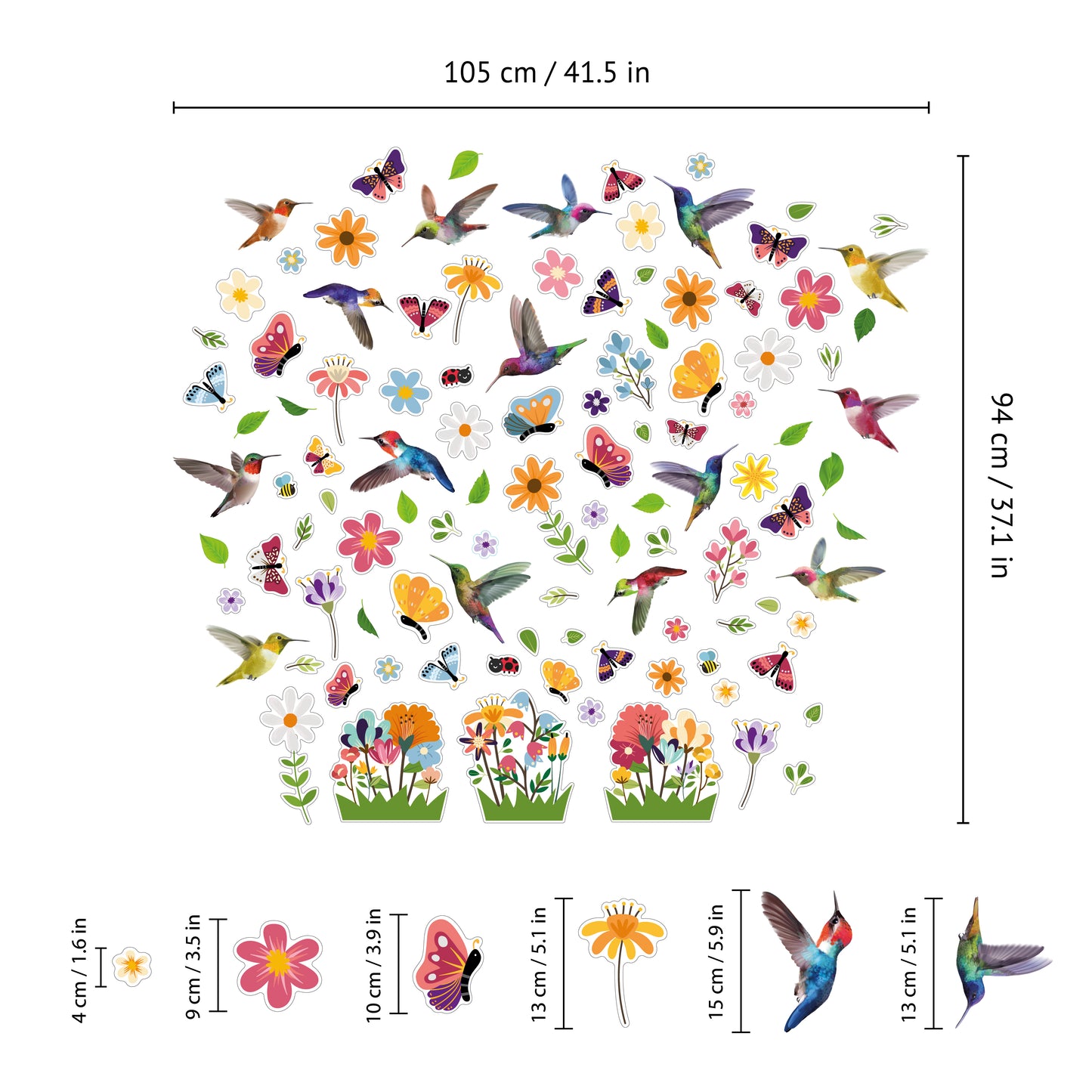 C2WSW019 - Small Hummingbirds with Butterflies In The Meadow Of Flowers Window Clings - WSW3002 + WSW6009