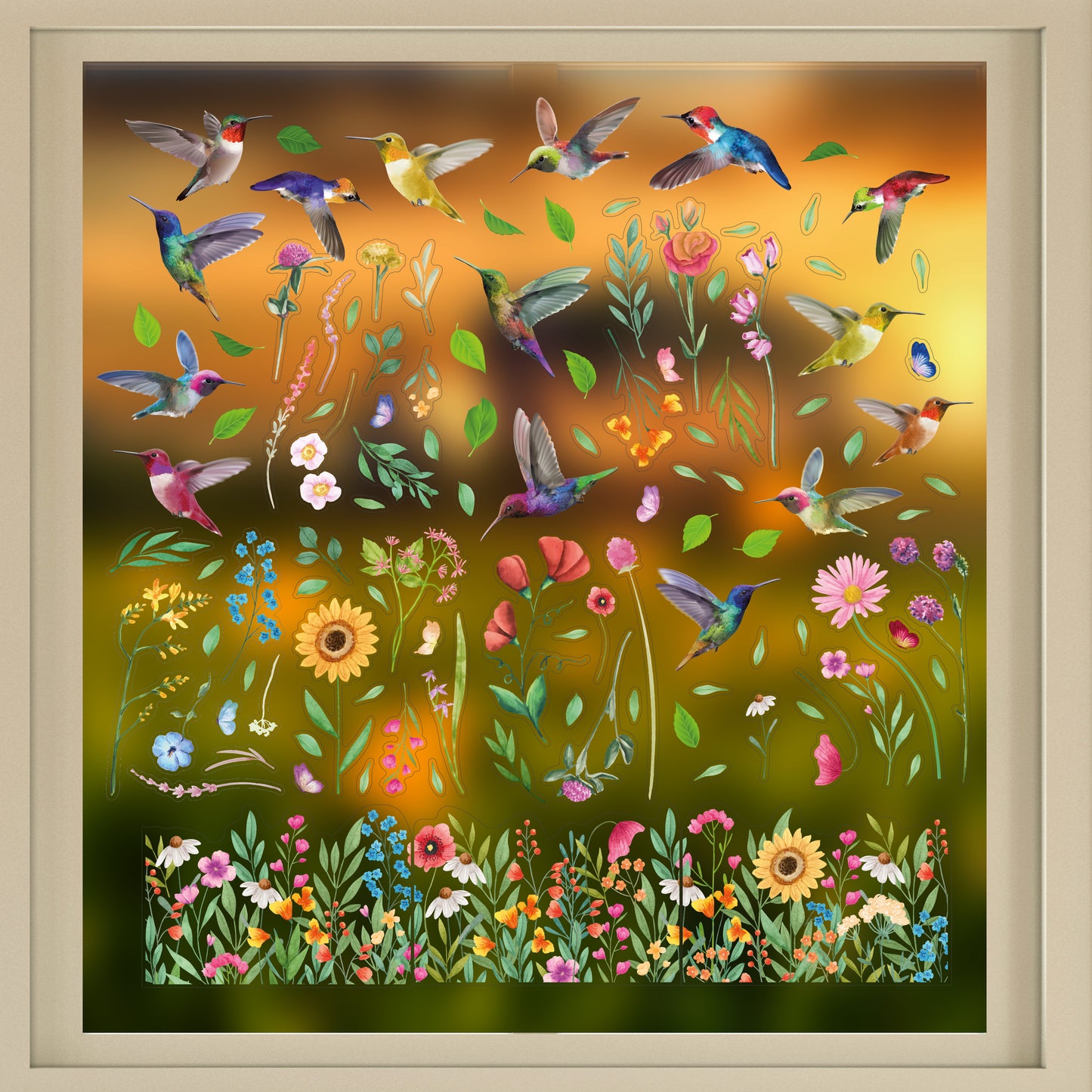 C2WSW021 - Small Hummingbirds with Watercolour Wildflower Meadow Window Clings - WSW3002 + WSW6011