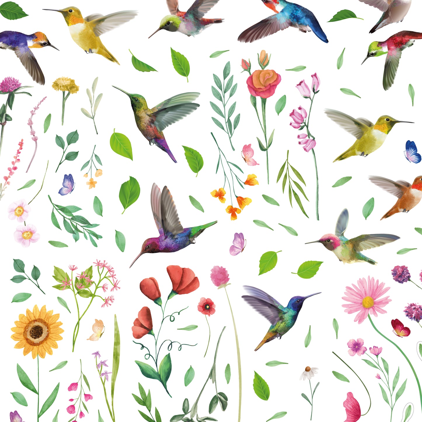 C2WSW021 - Small Hummingbirds with Watercolour Wildflower Meadow Window Clings - WSW3002 + WSW6011