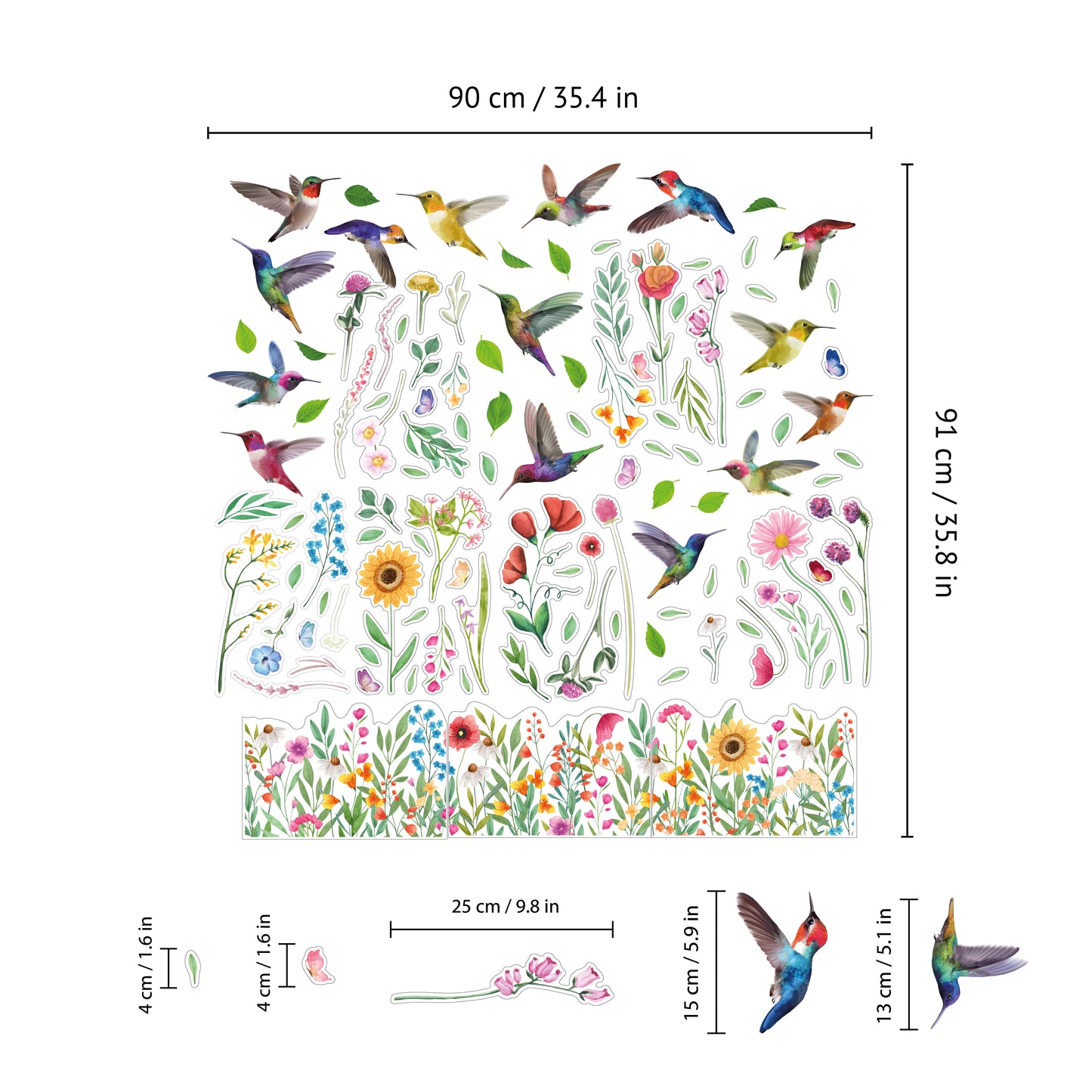 C2WSW021 - Small Hummingbirds with Watercolour Wildflower Meadow Window Clings - WSW3002 + WSW6011