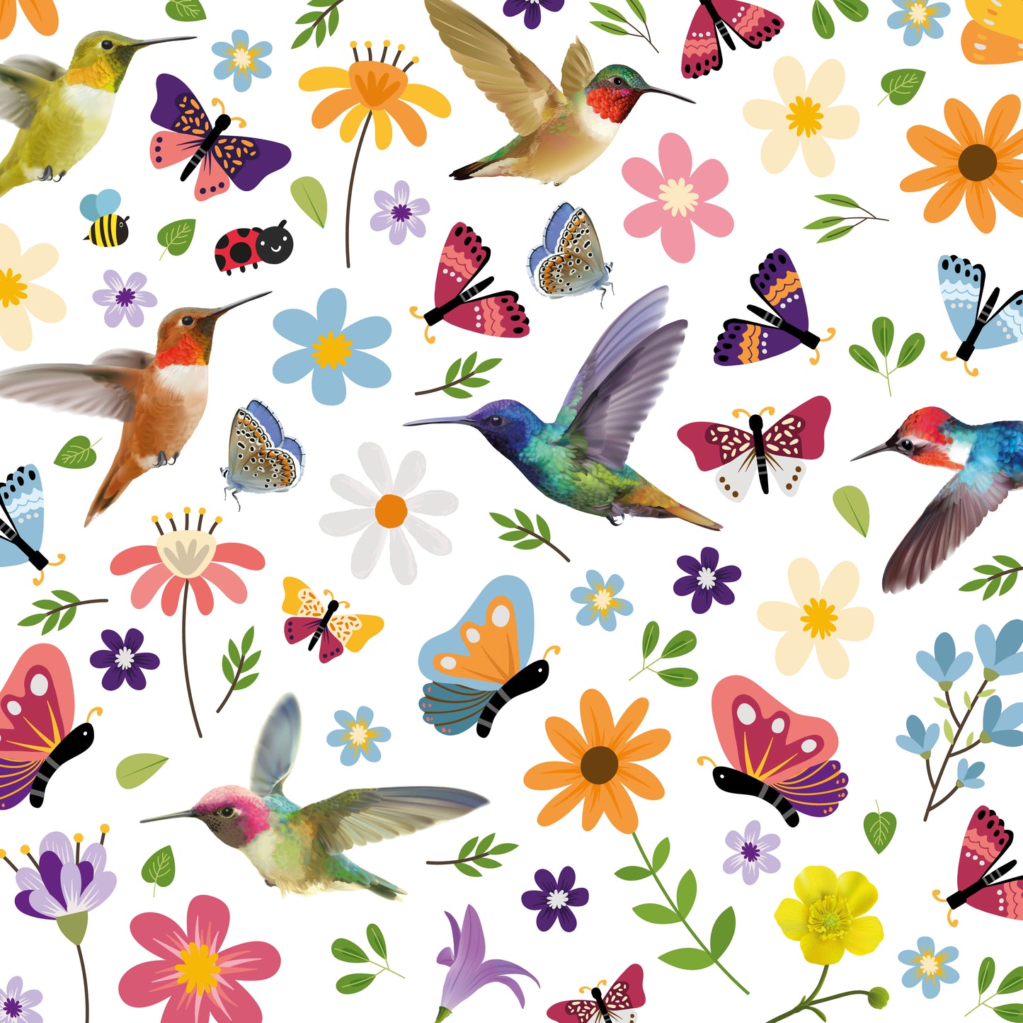 C2WSW022 - Huge Hummingbirds with Butterflies In The Meadow Of Flowers Window Clings - WSW3003 + WSW6009