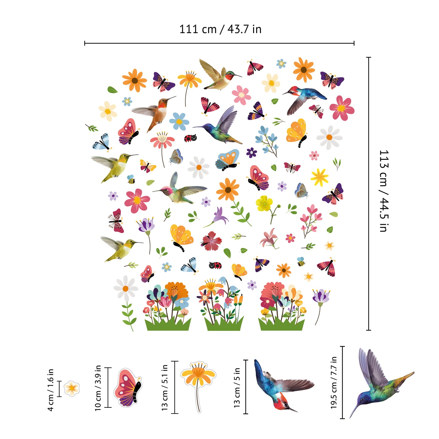 C2WSW022 - Huge Hummingbirds with Butterflies In The Meadow Of Flowers Window Clings - WSW3003 + WSW6009