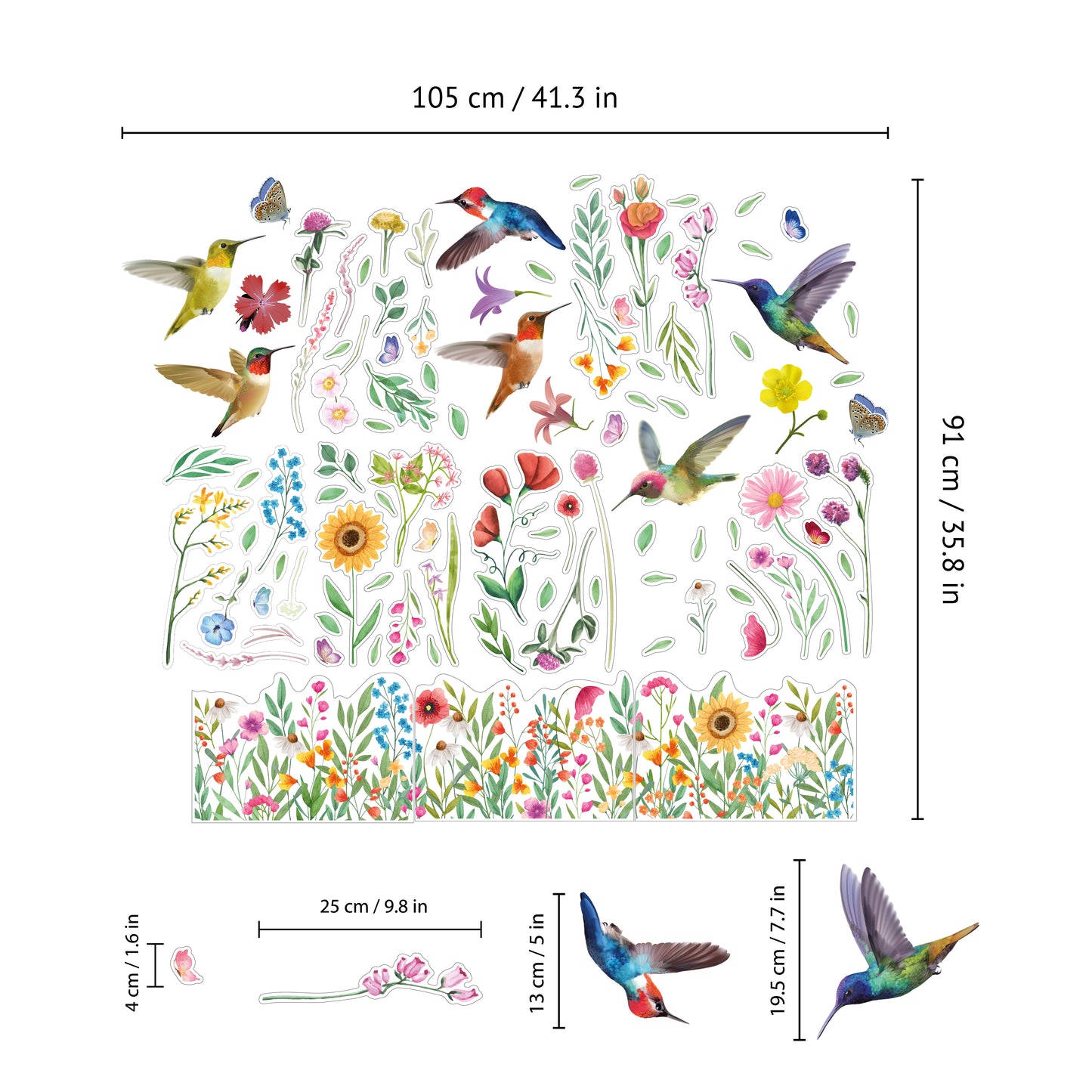 C2WSW024 - Huge Hummingbirds with Watercolour Wildflower Meadow Window Clings - WSW3003 + WSW6011