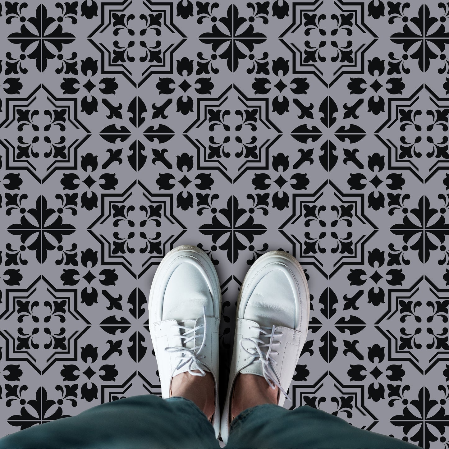 WFS6019 - Dark Cement Seamless Floral Pattern Floor Stickers 120cm x 60 cm