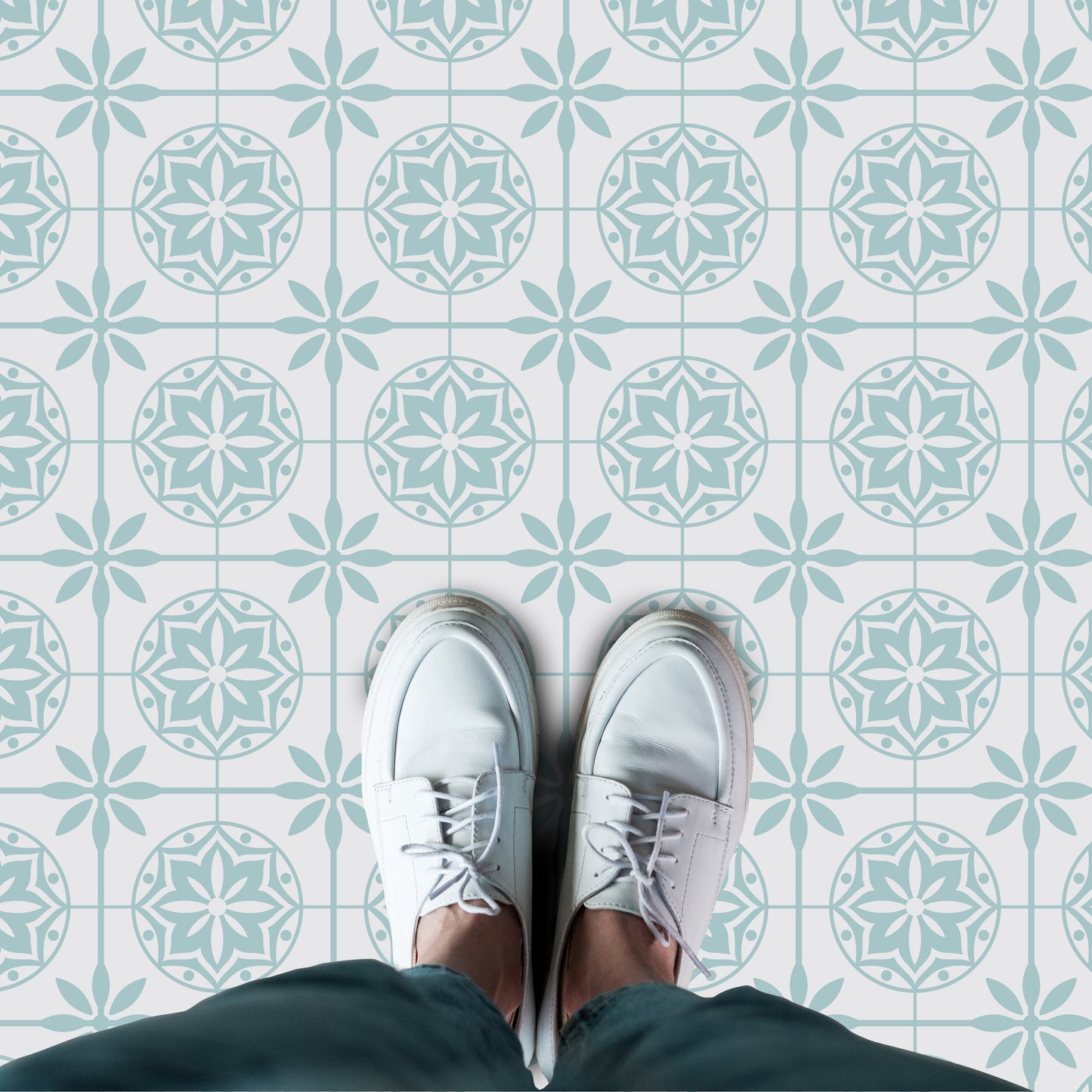 WFS6020 - Seamless Turquoise Shaded Floral Pattern Floor Stickers 120cm x 60 cm