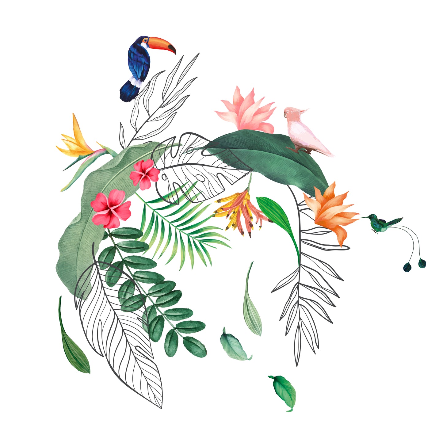 WS9073 - Contemporary Tropical Leaves and Flowers Wall Stickers