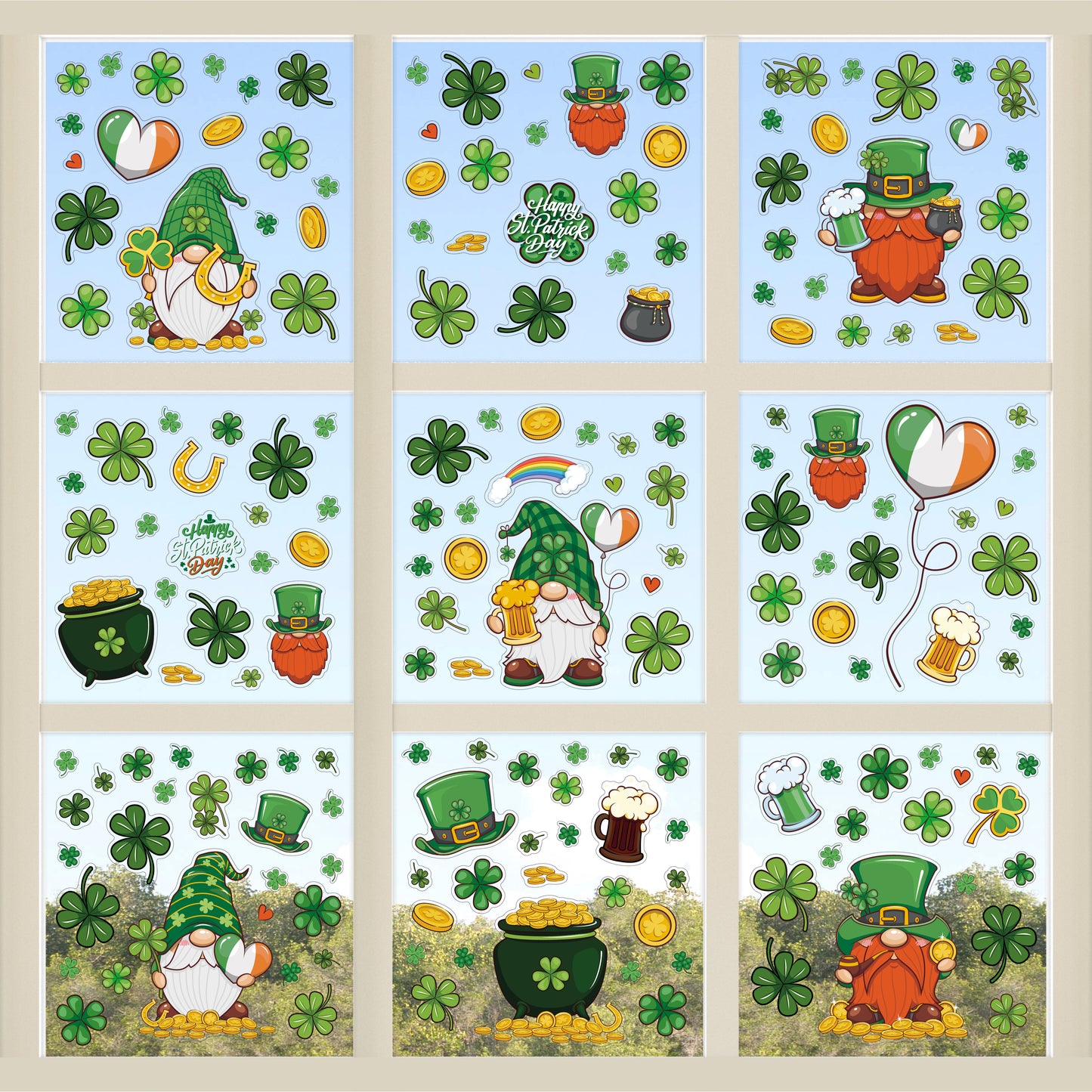 WSW6008 - St Patrick's Day Shamrock Gnomes Window Clings
