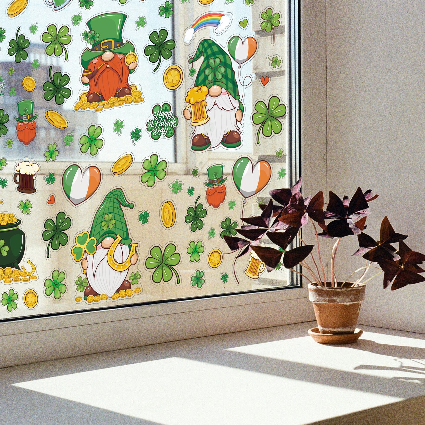 WSW6008 - St Patrick's Day Shamrock Gnomes Window Clings