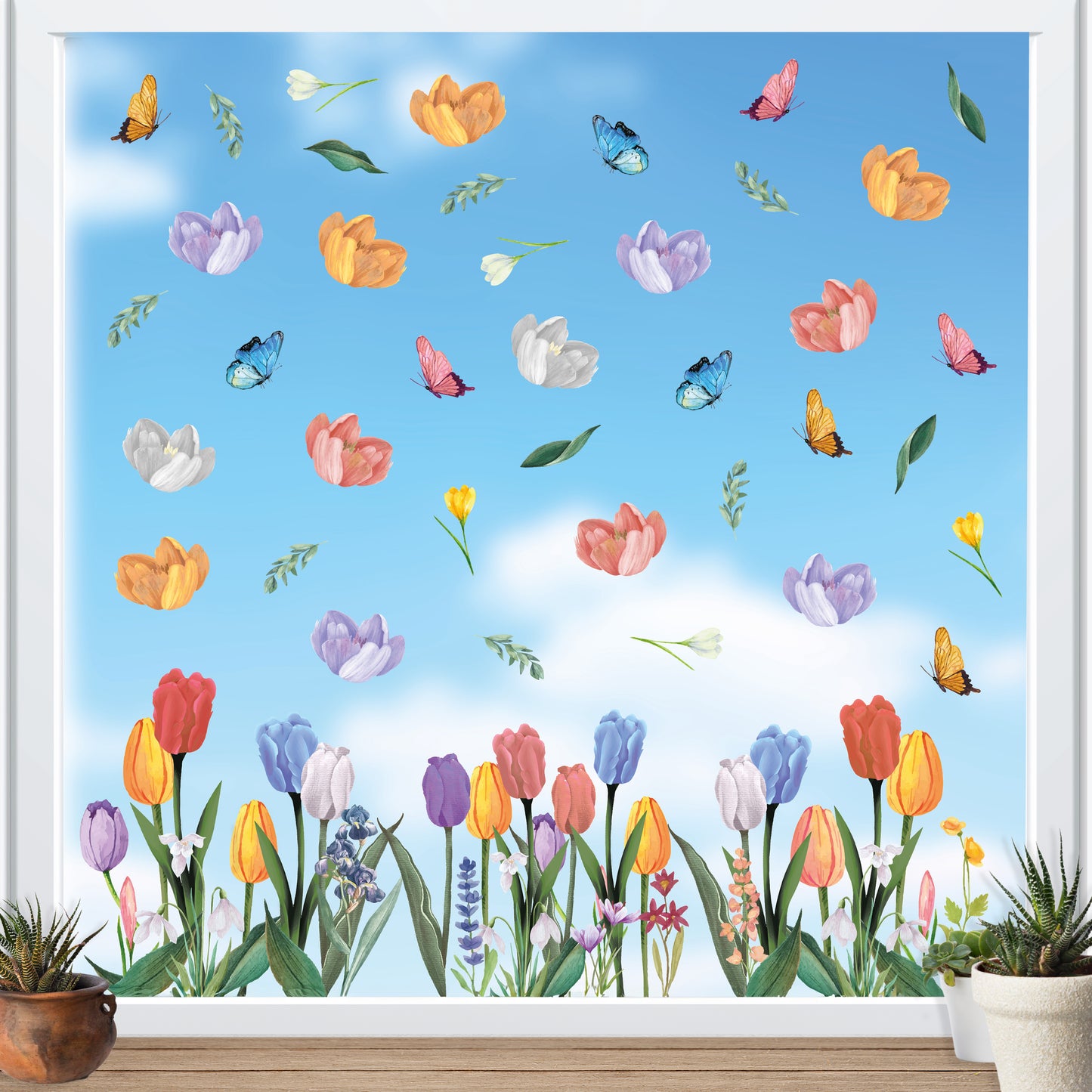 WSW6016 - Blooming Watercolour Tulips with Butterflies Window Clings