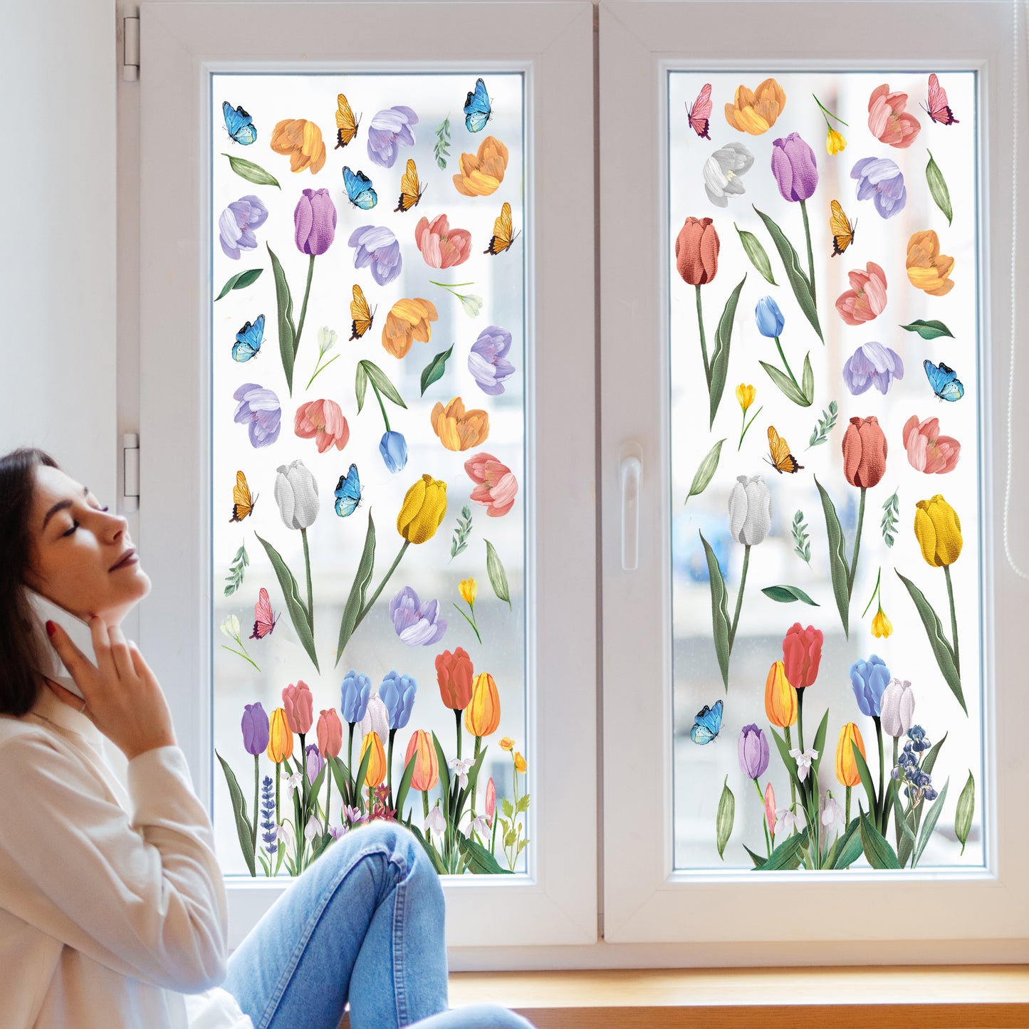 WSW6016 - Blooming Watercolour Tulips with Butterflies Window Clings
