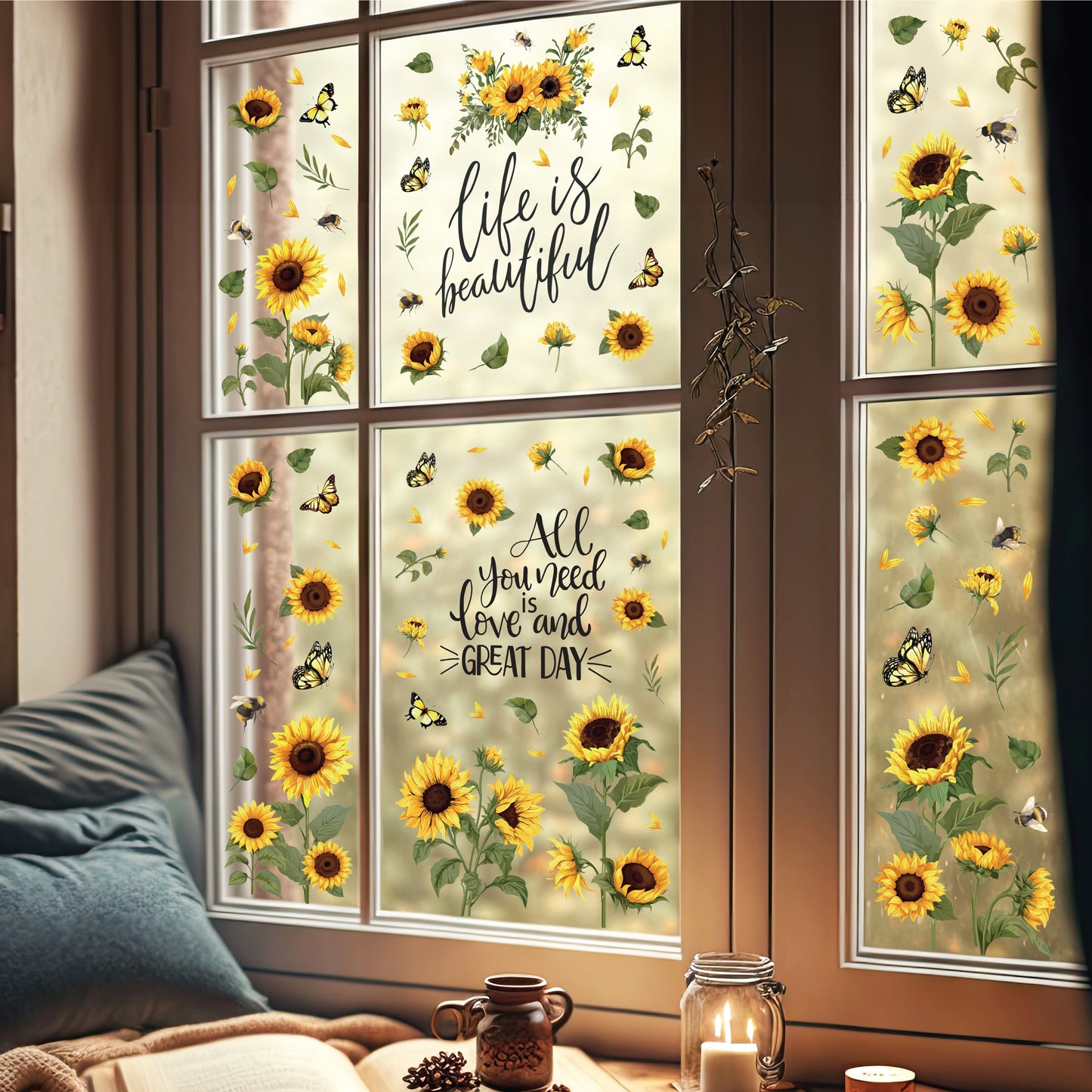 WSW6019 - Sunflowers Watercolour with Butterflies and Bees Window Clings