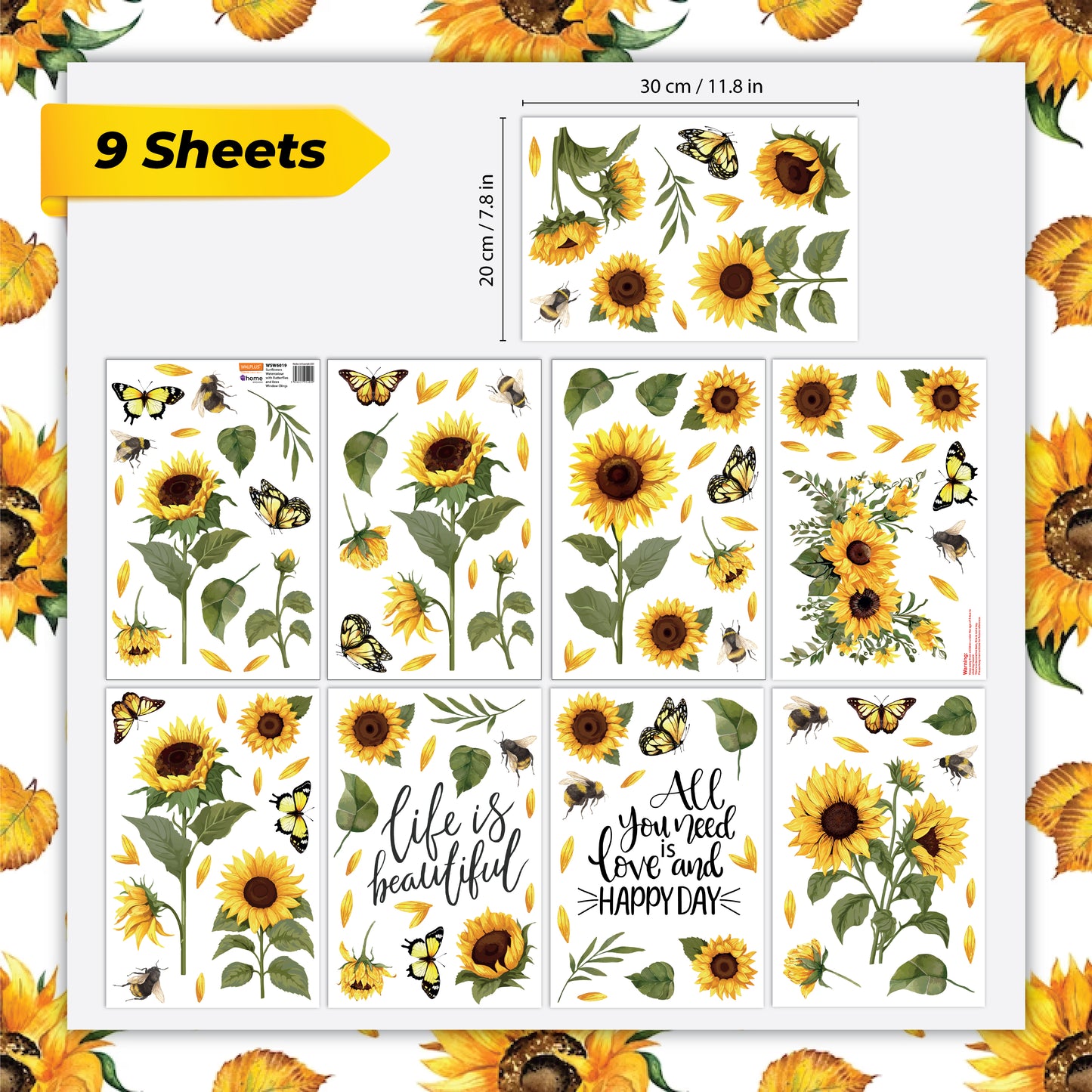 WSW6019 - Sunflowers Watercolour with Butterflies and Bees Window Clings