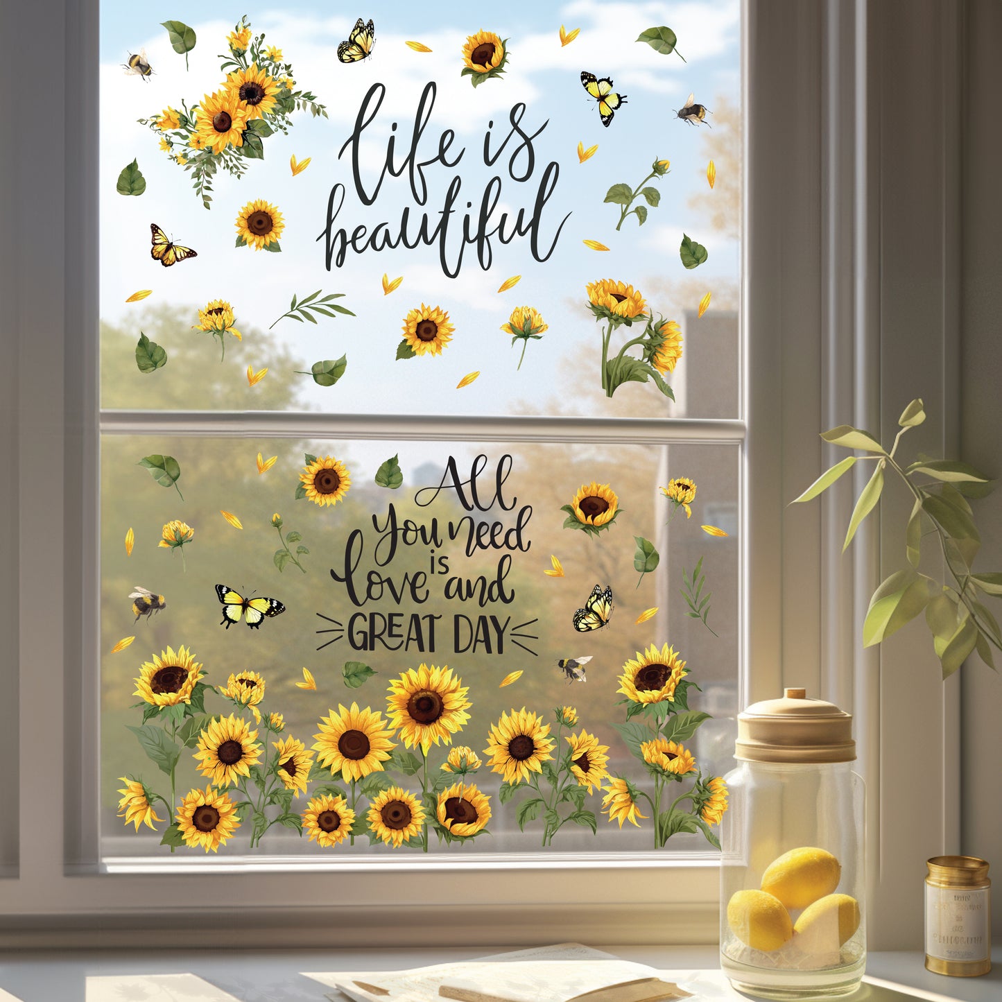 WSW6019 - Sunflowers Watercolour with Butterflies and Bees Window Clings