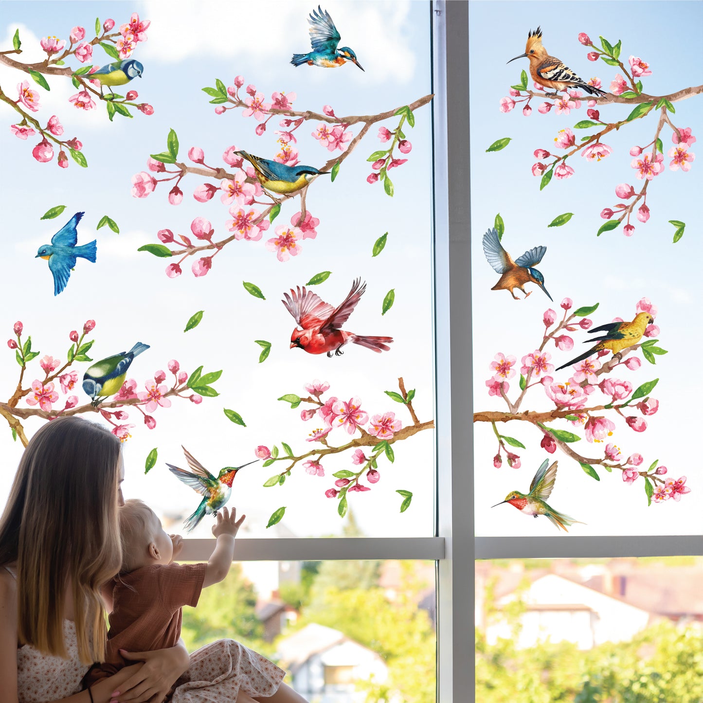 WSW6022 - Cherry Blossom Flowers Watercolour with Birds On The Branch Window Clings