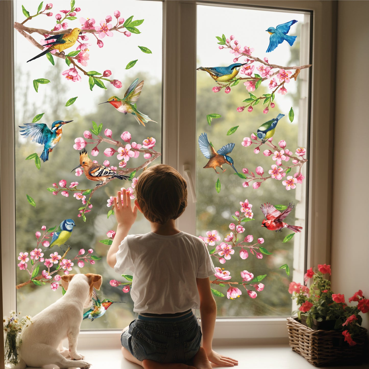 WSW6022 - Cherry Blossom Flowers Watercolour with Birds On The Branch Window Clings