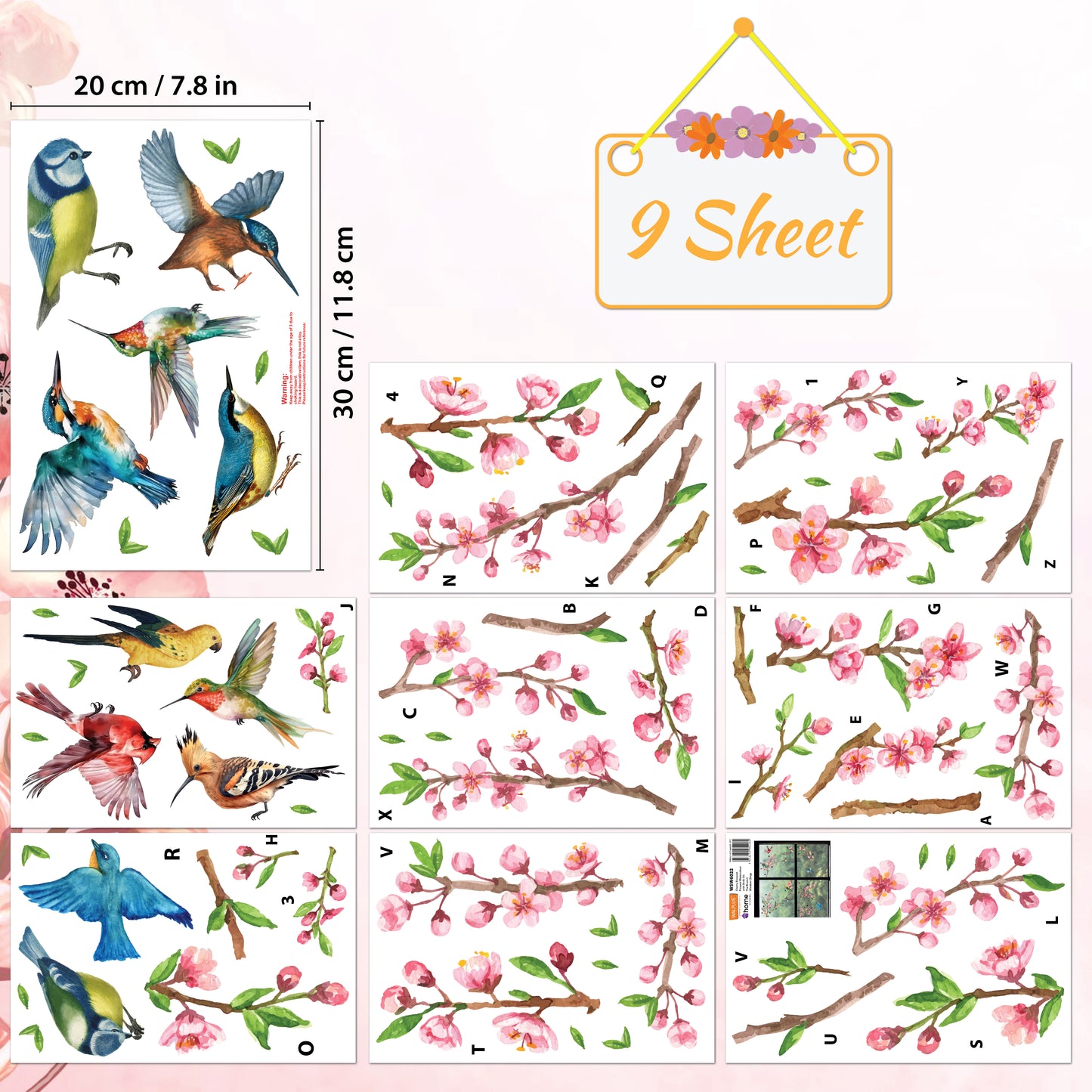WSW6022 - Cherry Blossom Flowers Watercolour with Birds On The Branch Window Clings