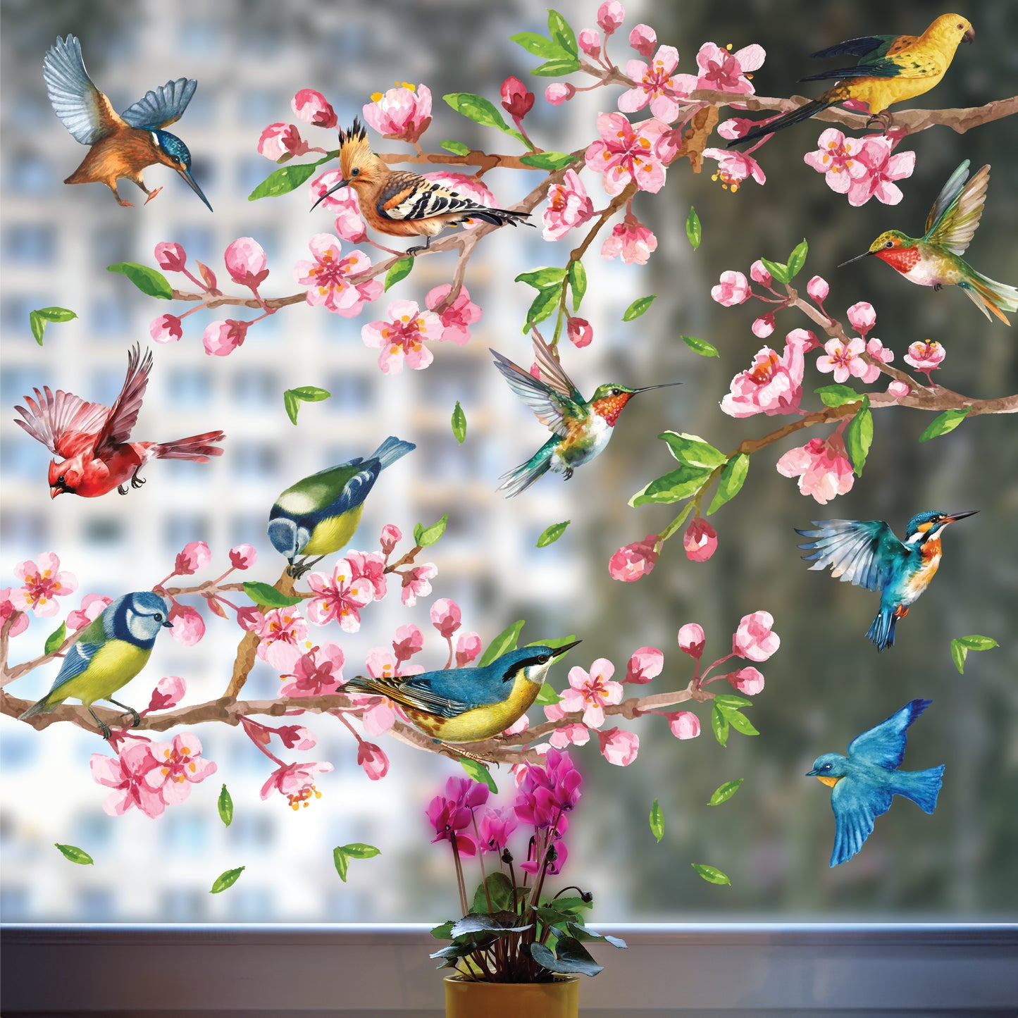 WSW6022 - Cherry Blossom Flowers Watercolour with Birds On The Branch Window Clings