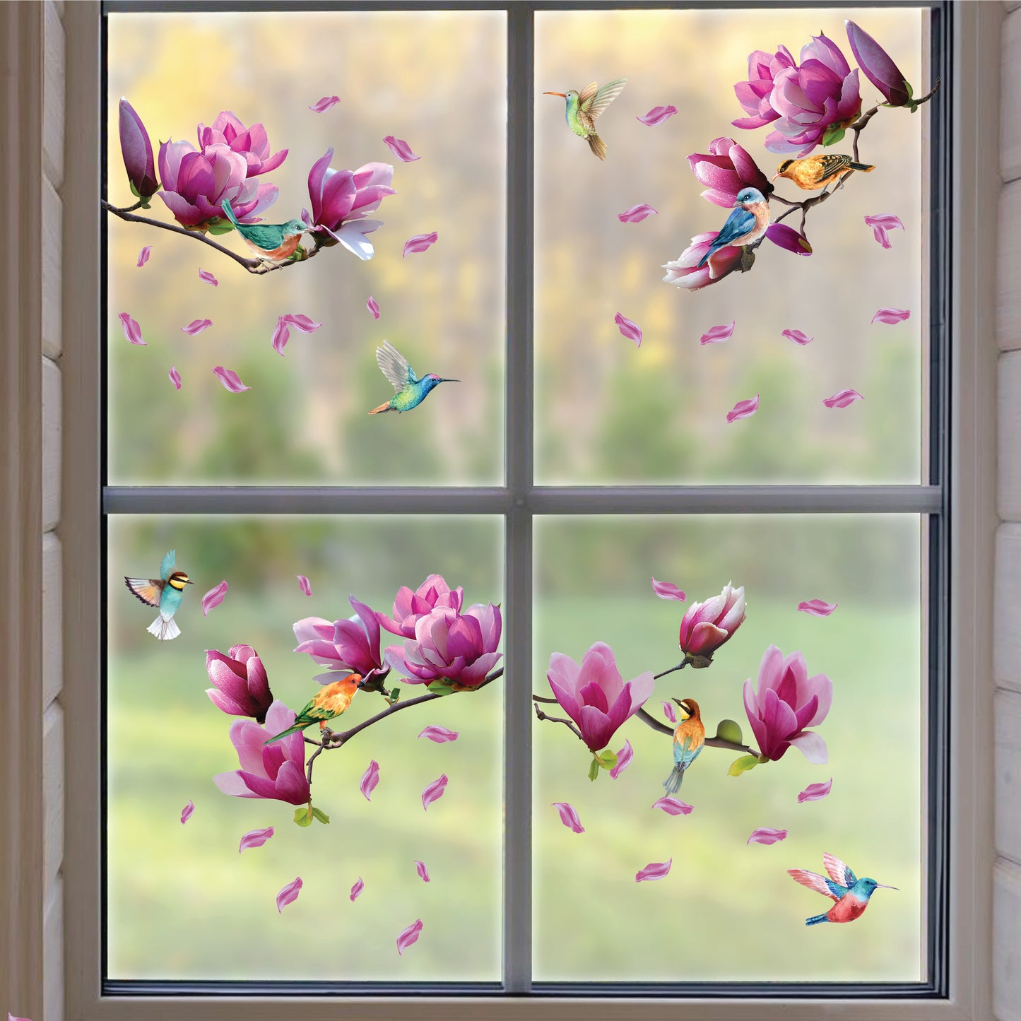 WSW6024 - Pink Magnolia Flowers with Birds Window Clings