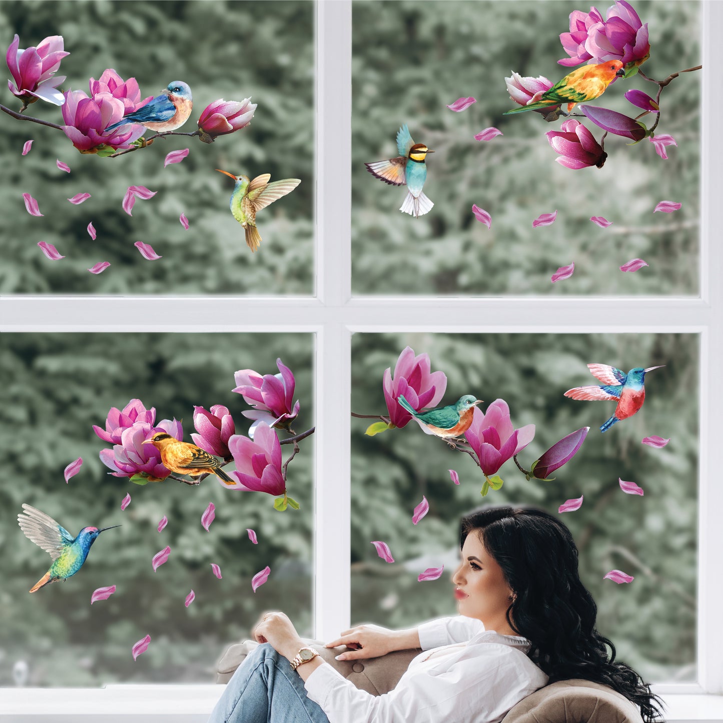 WSW6024 - Pink Magnolia Flowers with Birds Window Clings