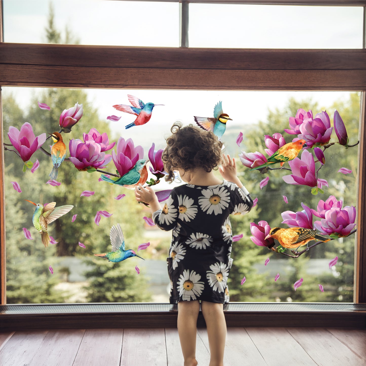 WSW6024 - Pink Magnolia Flowers with Birds Window Clings