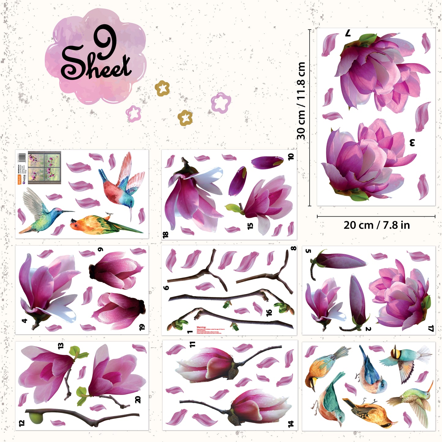 WSW6024 - Pink Magnolia Flowers with Birds Window Clings