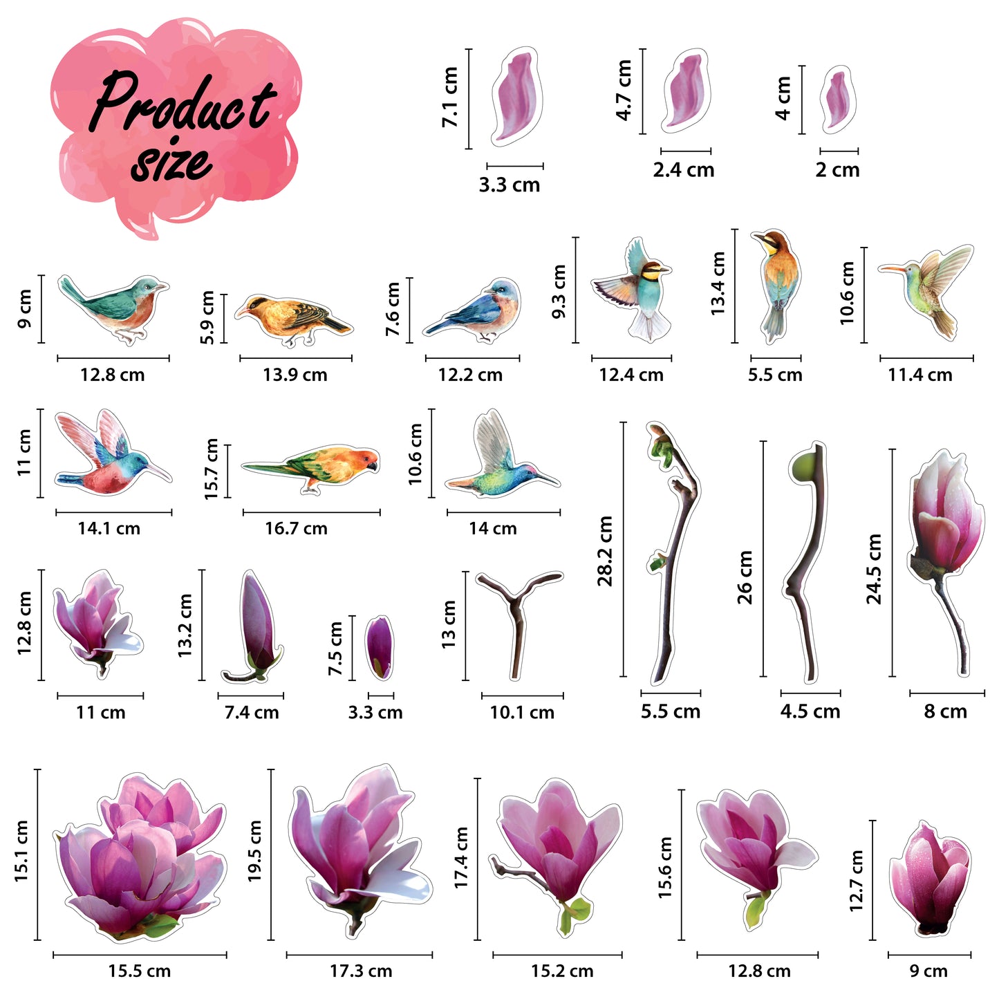 WSW6024 - Pink Magnolia Flowers with Birds Window Clings