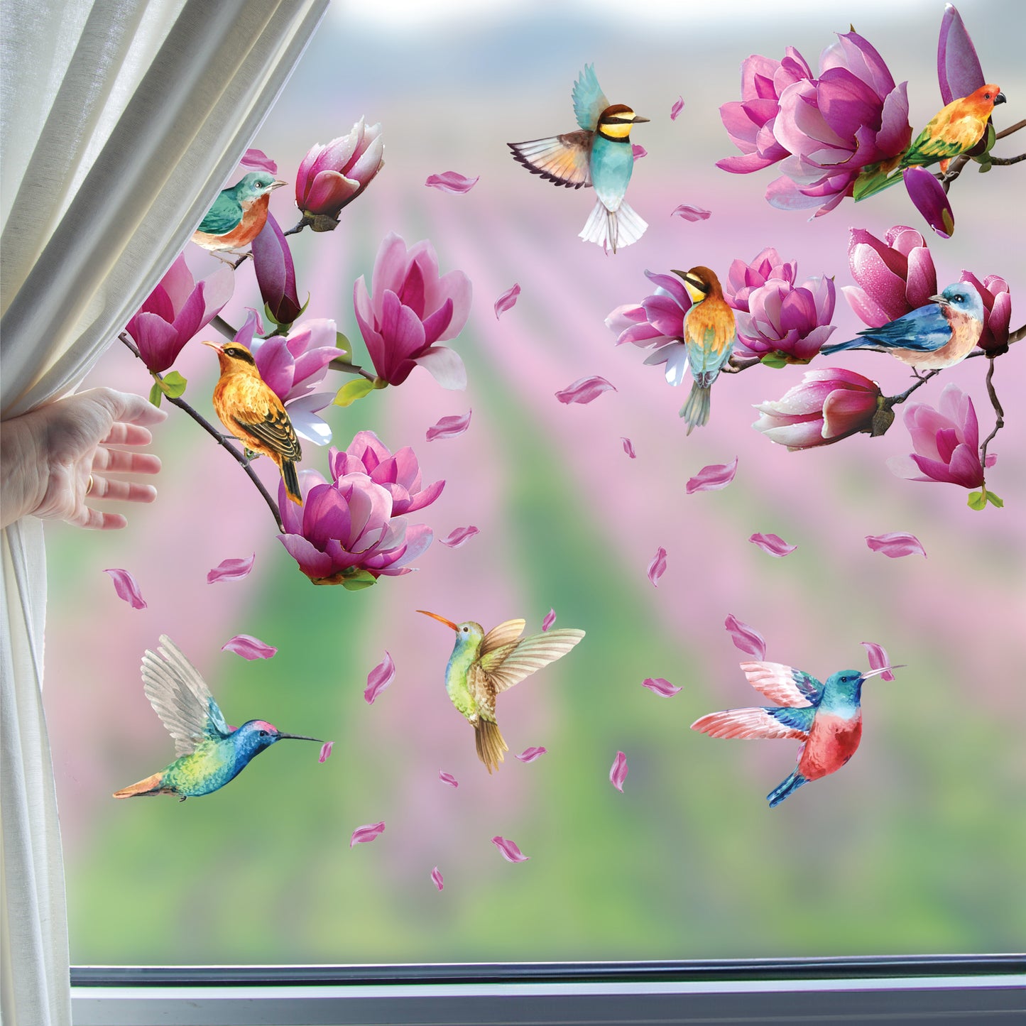 WSW6024 - Pink Magnolia Flowers with Birds Window Clings