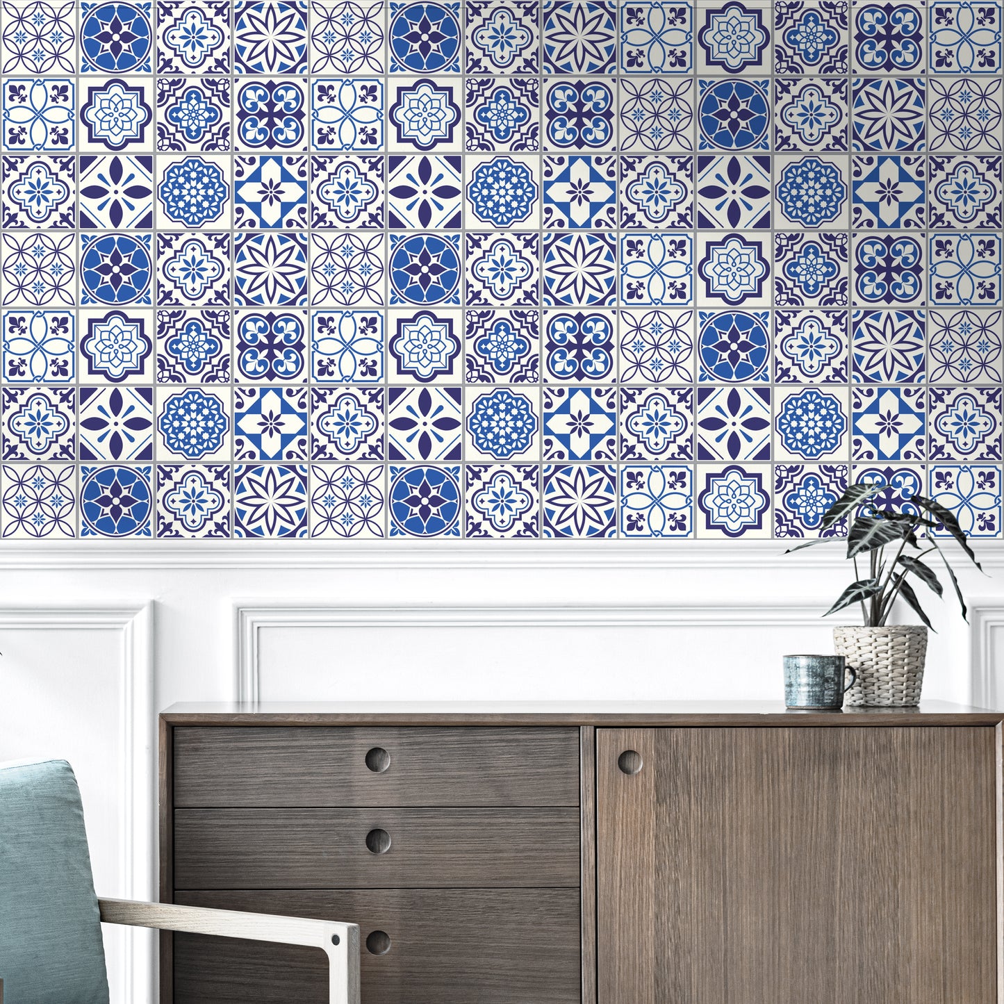 WT1501 - Spanish & Moroccan Blue Tiles Mix Wall Stickers - 15 cm x 15 cm - 24 pcs.
