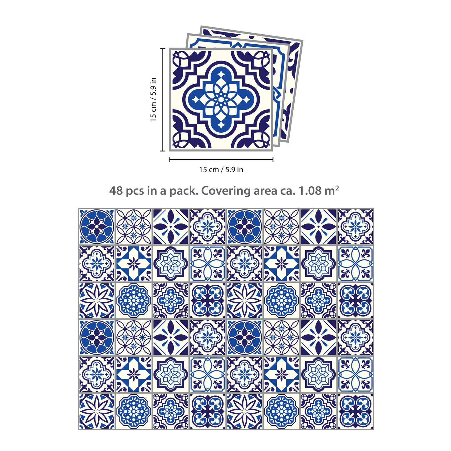 WT1501 - Spanish & Moroccan Blue Tiles Mix Wall Stickers - 15 cm x 15 cm - 24 pcs.