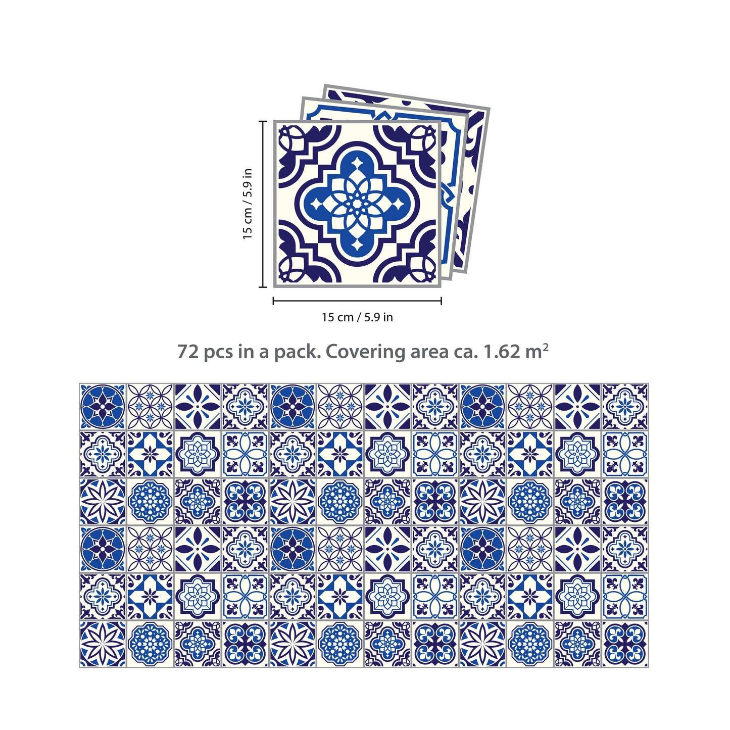 WT1501 - Spanish & Moroccan Blue Tiles Mix Wall Stickers - 15 cm x 15 cm - 24 pcs.