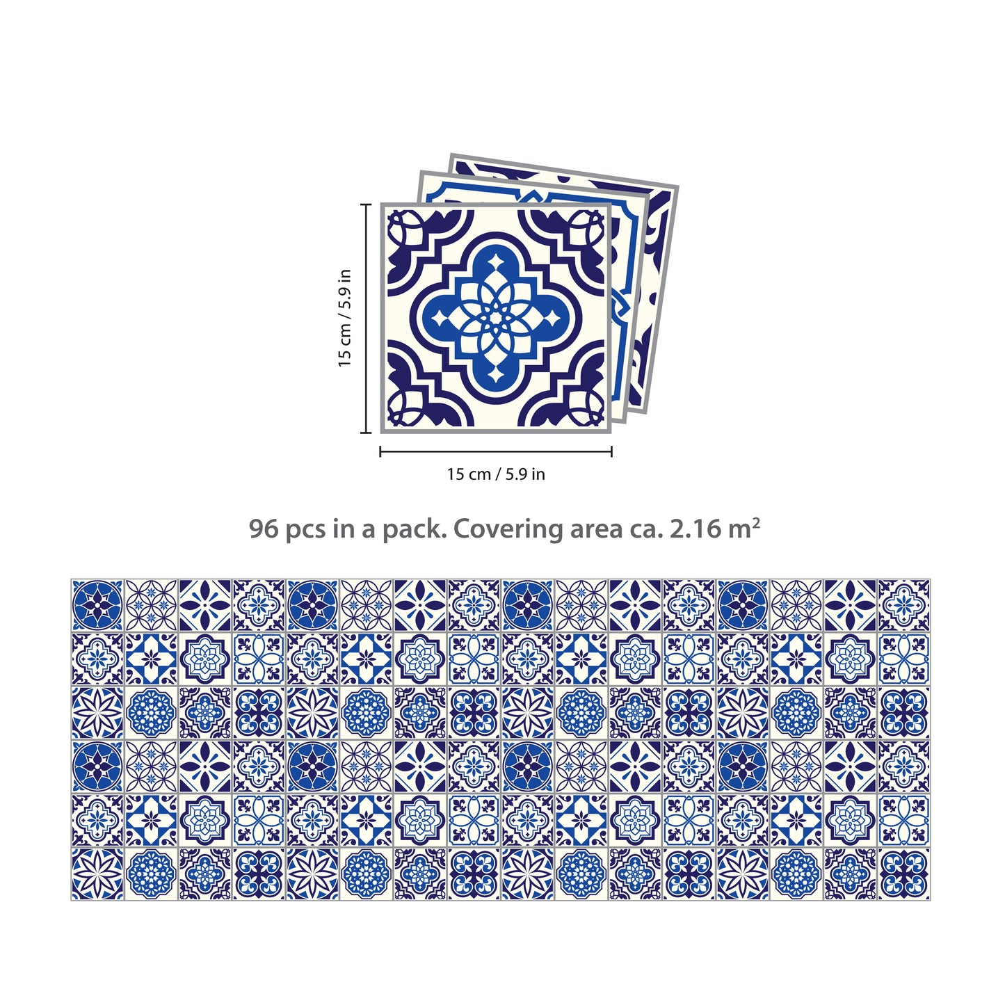 WT1501 - Spanish & Moroccan Blue Tiles Mix Wall Stickers - 15 cm x 15 cm - 24 pcs.