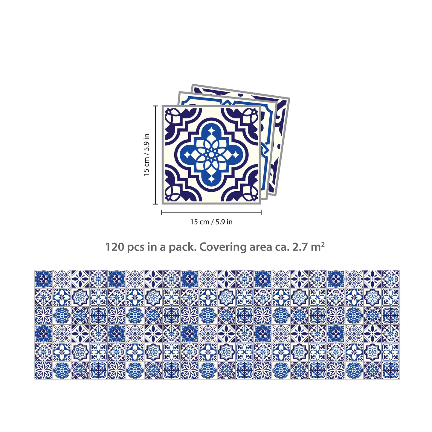 WT1501 - Spanish & Moroccan Blue Tiles Mix Wall Stickers - 15 cm x 15 cm - 24 pcs.