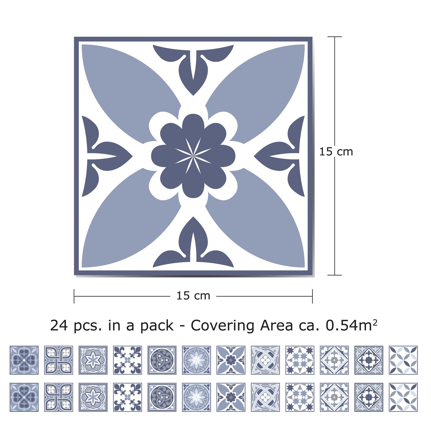 WT1503 - Lisbon Blue Tiles Wall Stickers - 15 cm x 15 cm - 24 pcs.